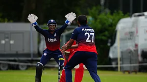 Photo: X | USA Cricket : United States cricket team players celebrating a wicket against Canada.